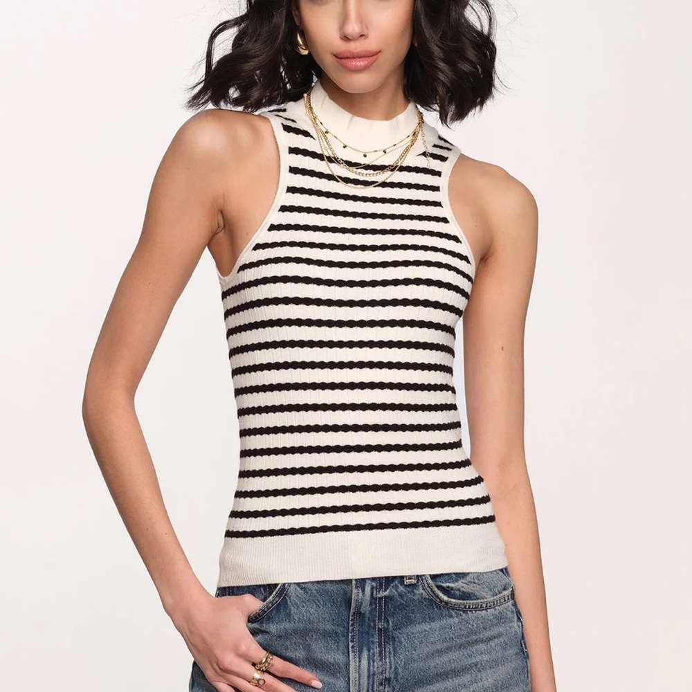 Heartloom Quince Ribbed Knit Sleeveless Mock Neck Top Black Ivory‎ Striped XS